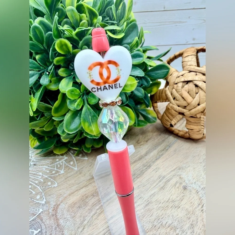 Handmade Beaded Pen Coral Pink Heart Crystal Designer Inspired Black Ink Refill